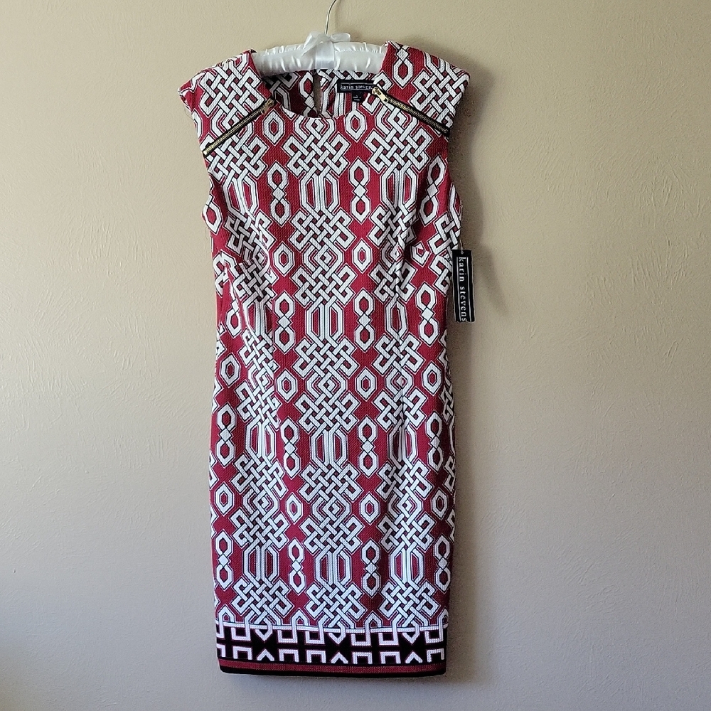 Karin Stevens Red and Black Sheath Midi Dress